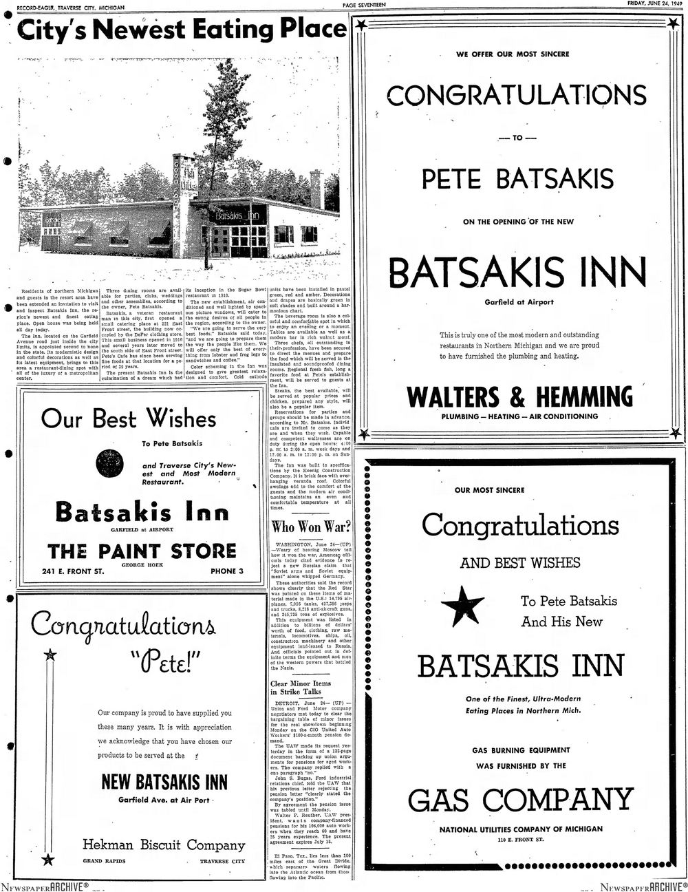 Batsakis Inn - 1949 Opening Feature Page Traverse City Record Eagle